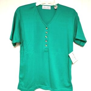 NWT Karen Scott V-neck Pullover 100% Cotton Short Sleeve Button Front Top Shirt
